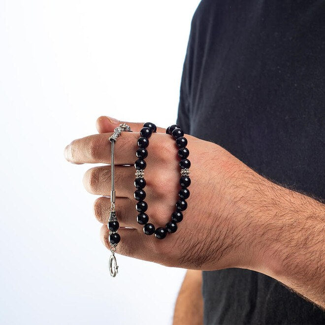 Rosary made of black agate with moon star decorated tassel