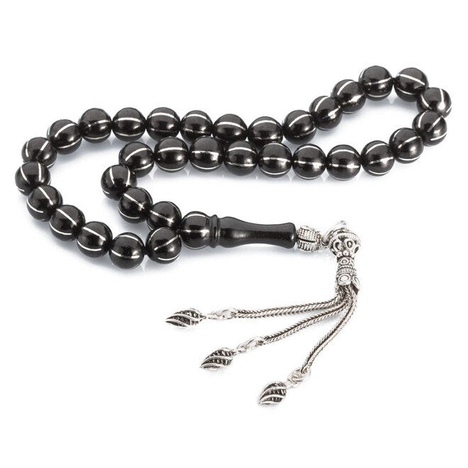 Rosary made of lignite stone embroidered with silver