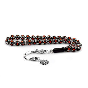 Rosary made of Erzurum lignite stone engraved with 925 silver