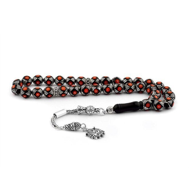 Rosary made of Erzurum lignite stone engraved with 925 silver