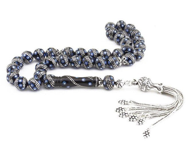 Rosary made of lignite engraved with turquoise and silver