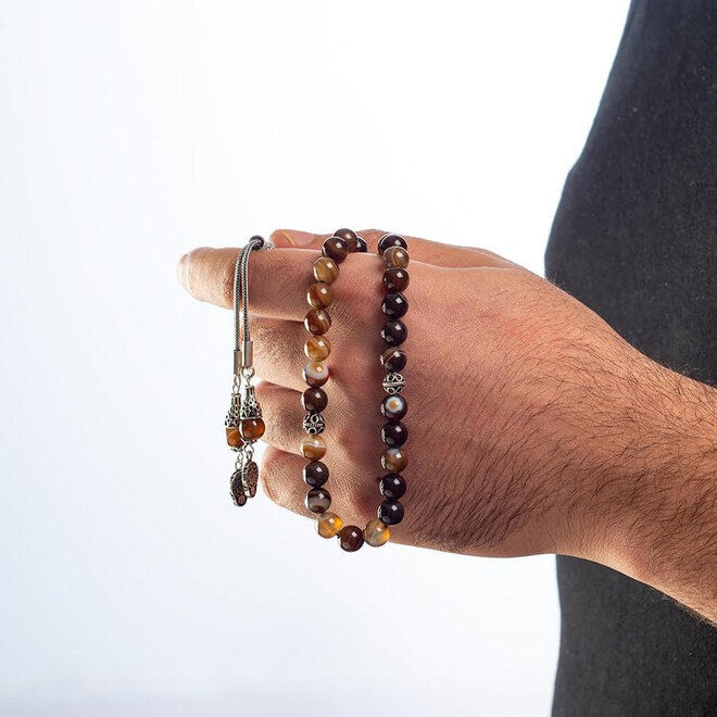 Rosary made of brown Madagascar Agate Stone decorated with a police symbol