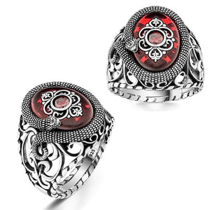 خاتم فضة رجالي بزخرفة ثعبان وحجر عقيق أحمر