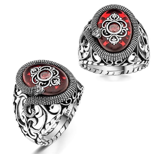 خاتم فضة رجالي بزخرفة ثعبان وحجر عقيق أحمر