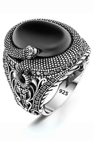 خاتم رجالي فضة بتصميم أرطغرل، بنقش الأفعى وحجر العقيق الأسود