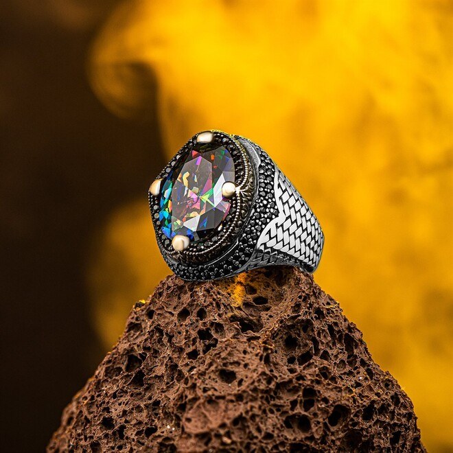 Men's silver ring with topaz and zircon stone