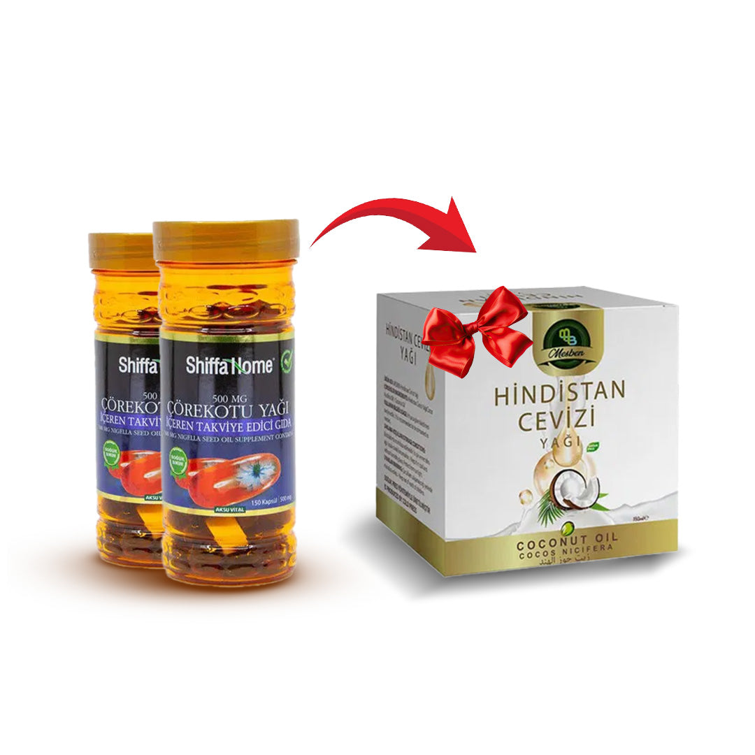 Shiffa Home Black seed oil capsules 500 mg for asthma and weight lossing 2 Pcs + Coconut Oil Gift