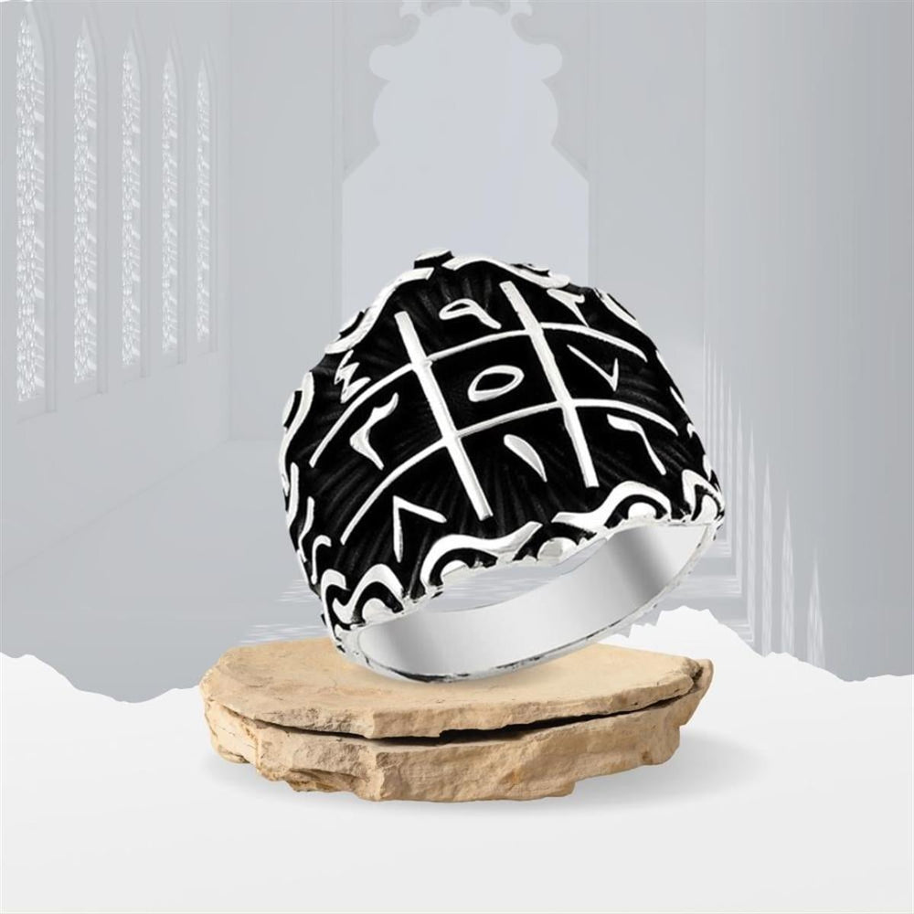 خاتم رجالي فضة بنقوش حساب الأبجدية وتصميم رياضي