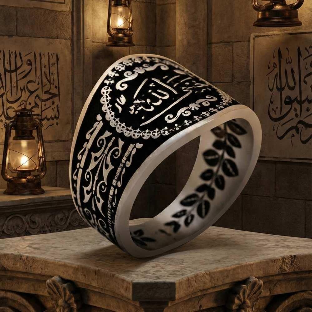 خاتم فضة بنقوش عثمانية وعبارة 