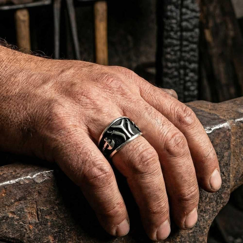 خاتم فضة رجالي بتصميم فأس شعار قبيلة قاي