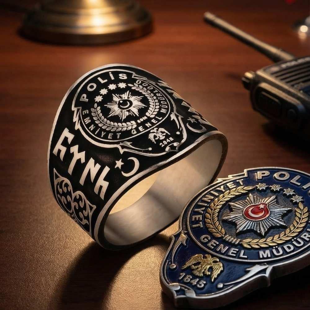 خاتم فضة رجالي بتصميم شعار الشرطة والجوكتورك التركي