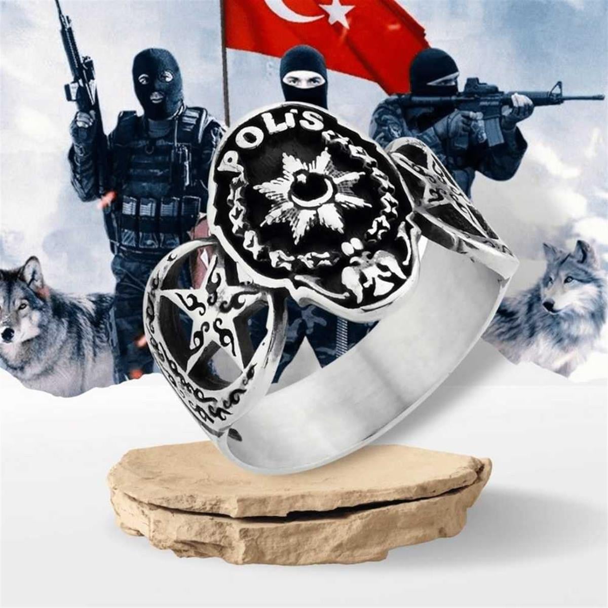خاتم فضي للجنسين بنمط نجمة وقمر وشعار الشرطة
