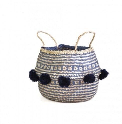 Blue Foldable Rattan Basket with Wool Balls - 35 cm