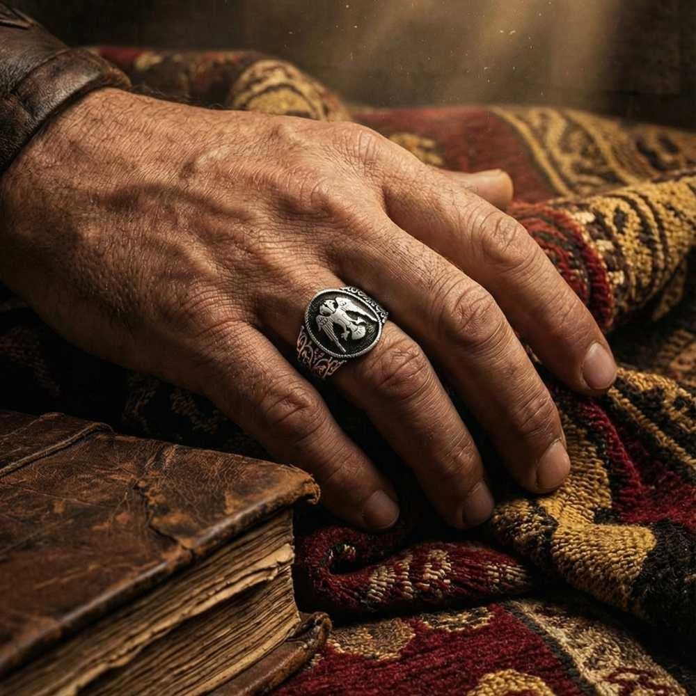 خاتم فضة بنسر سلجوقي ذي رأسين