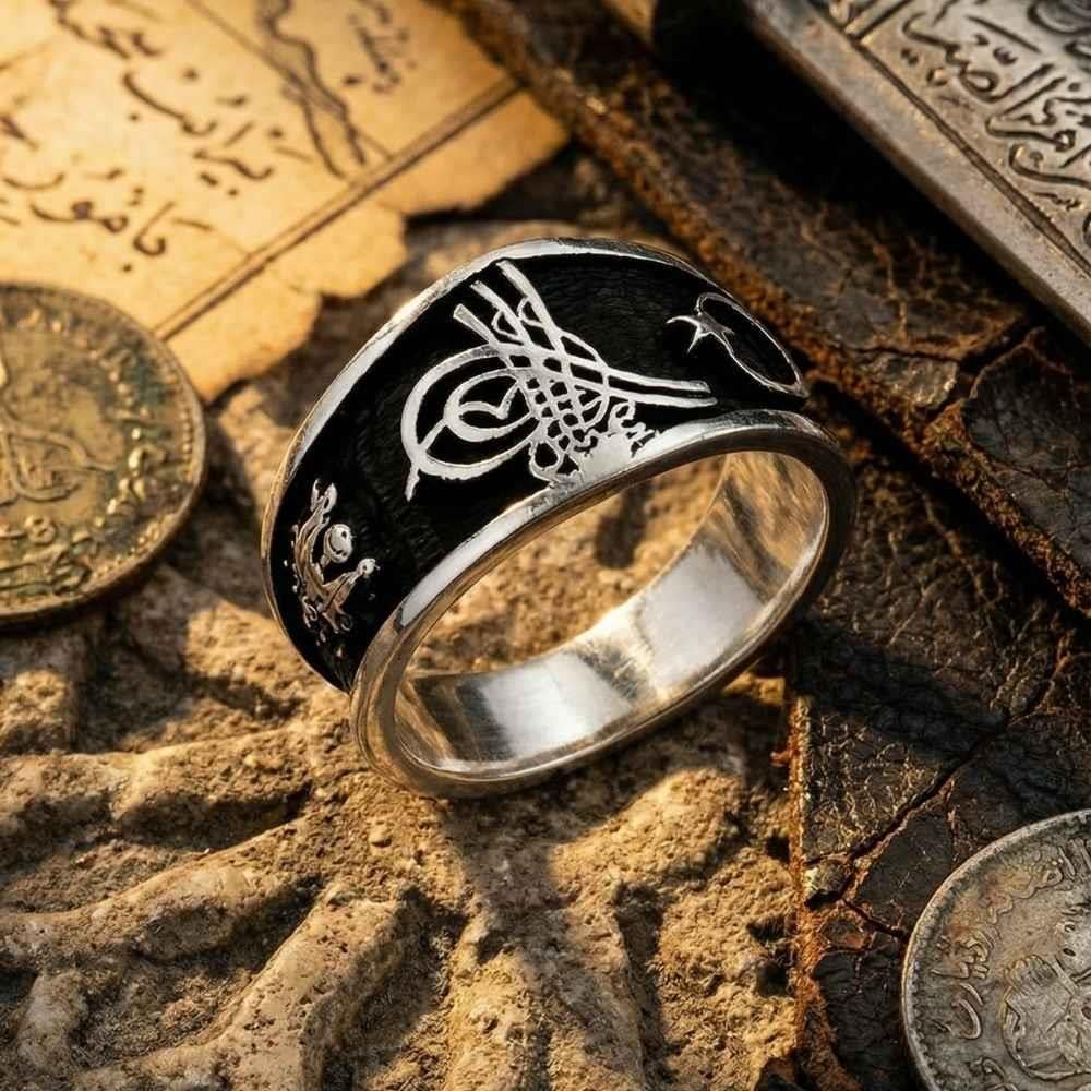خاتم رجالي فضة بنجمة وهلال وشعار الدولة العثمانية بنقوش الطغراء