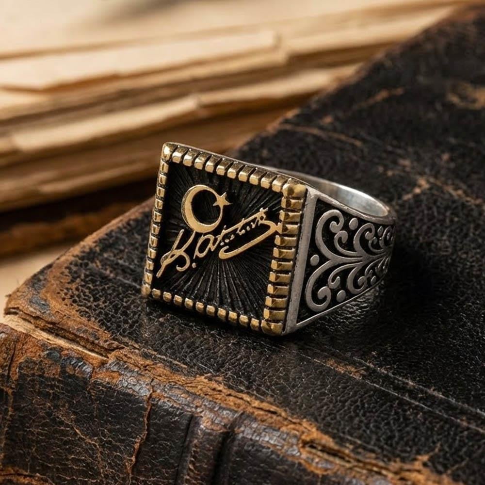 خاتم فضة رجالي ثلاثي الأبعاد بتوقيع كمال أتاتورك