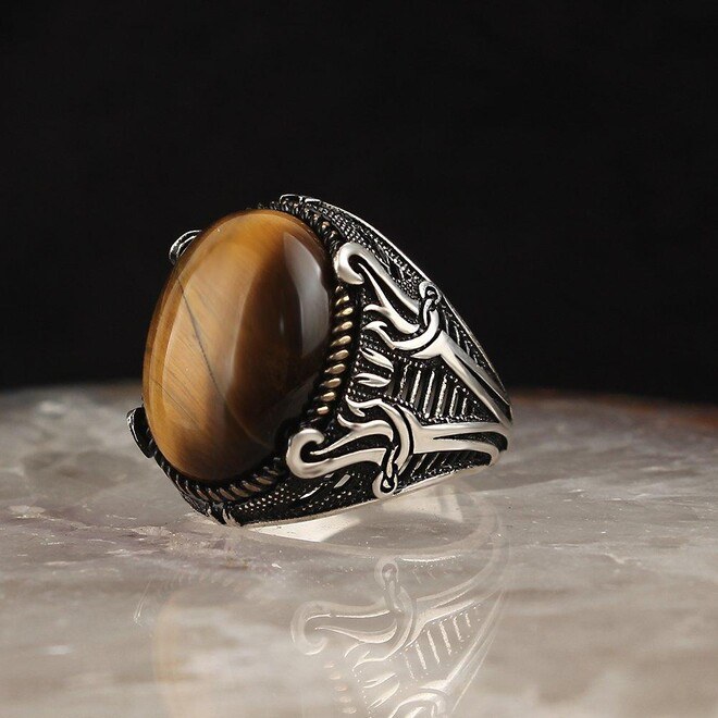 Classy 925 Sterling Silver Ring with a Tiger Eye - Mens Rings - 1