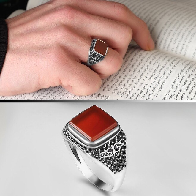 Classy men's silver ring with agate stone - 5