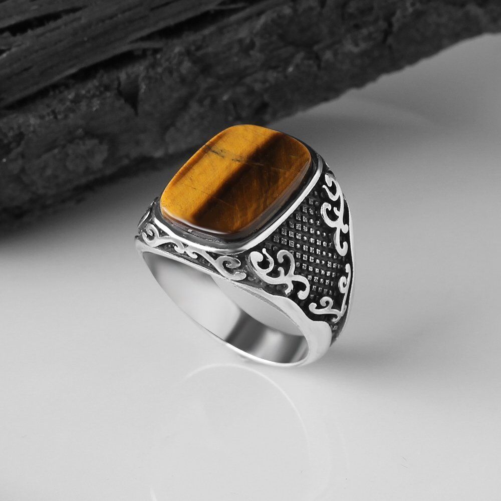 Classy men's silver ring with tiger eye stone - 1