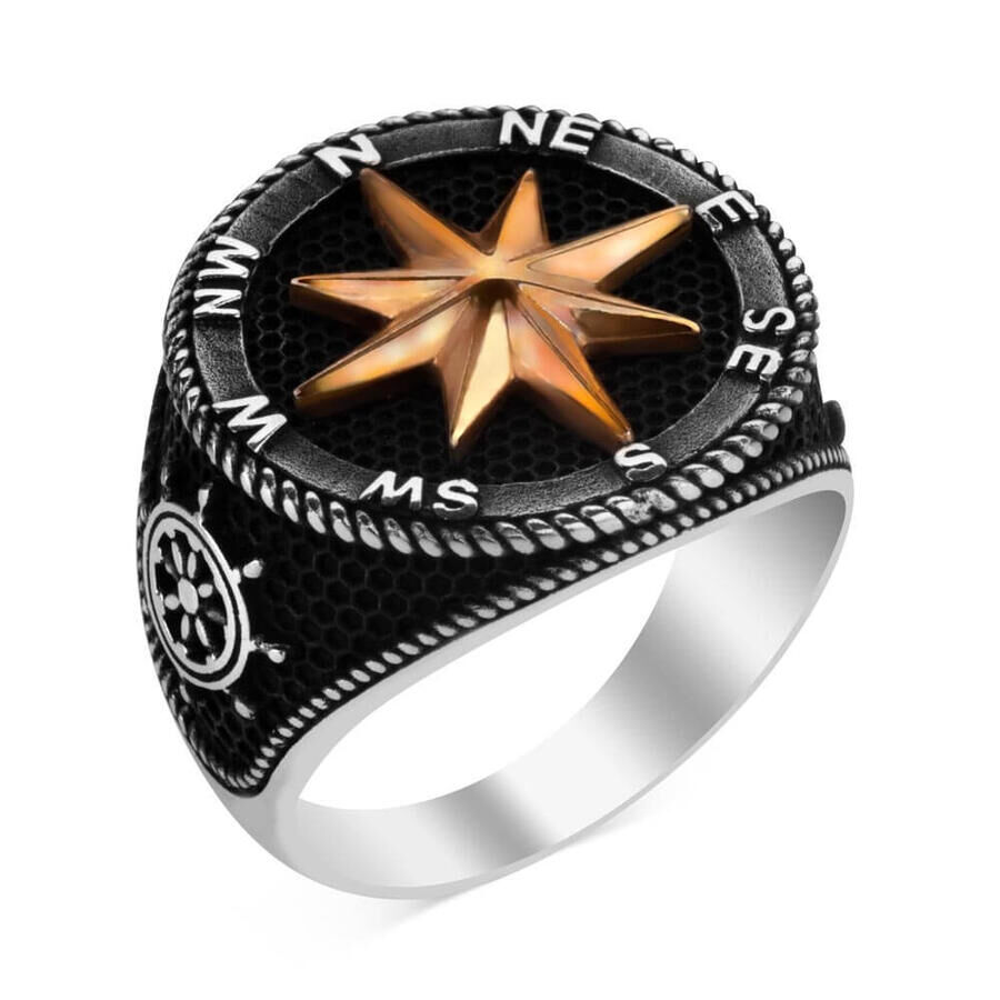 Compass Design Rudder Motif Sterling Silver Men's Ring - 1