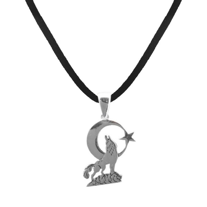 Crescent-Star Gray Wolf Silver Men's Necklace - 1