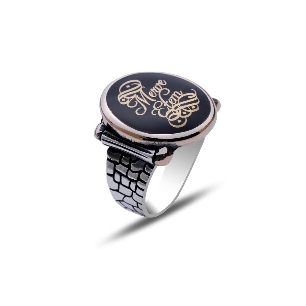 Customizable castle design men's silver ring - 1