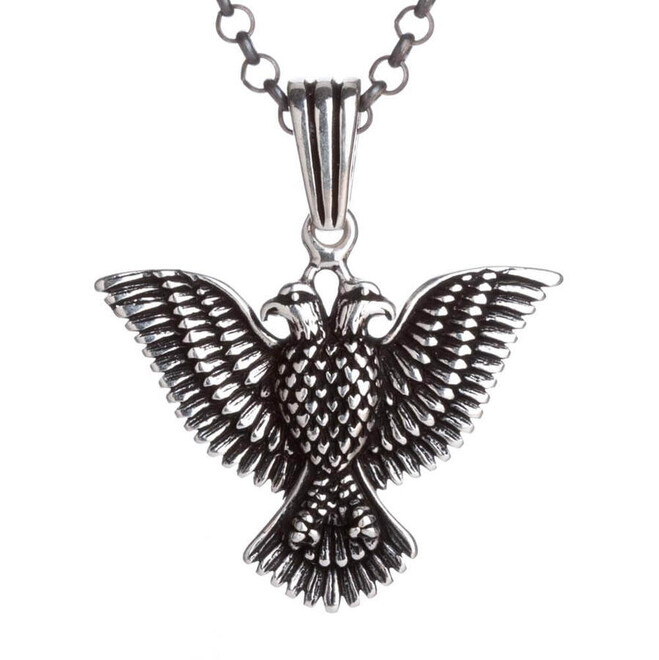 Double Eagle Head 925 Sterling Silver Men's Necklace (Thick Chain) - 1