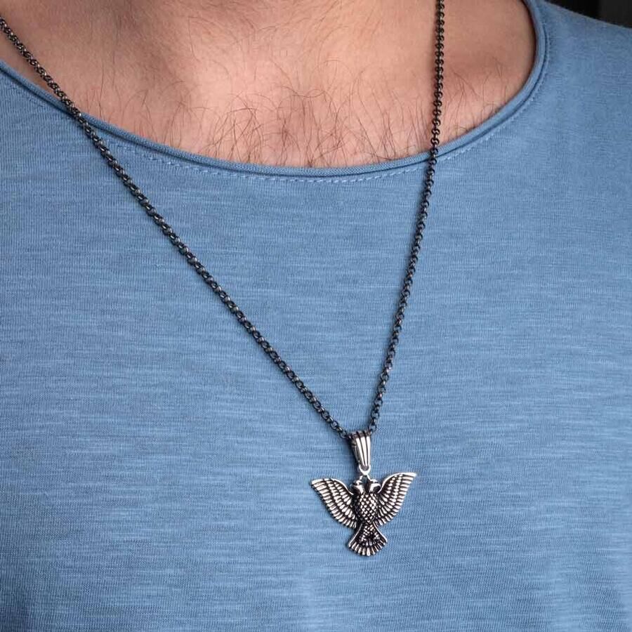 Double Eagle Head 925 Sterling Silver Men's Necklace (Thick Chain) - 2