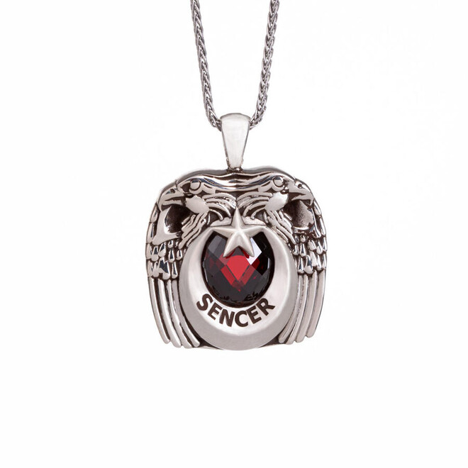 Double Headed Eagle Detailed Sterling Silver Necklace with Red Zircon Stone - 1