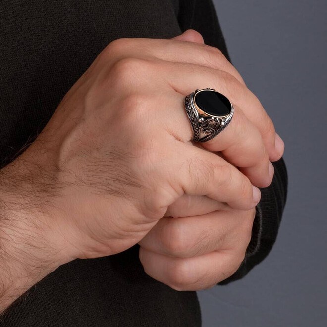 Zancan round silver signet ring with onyx stone.