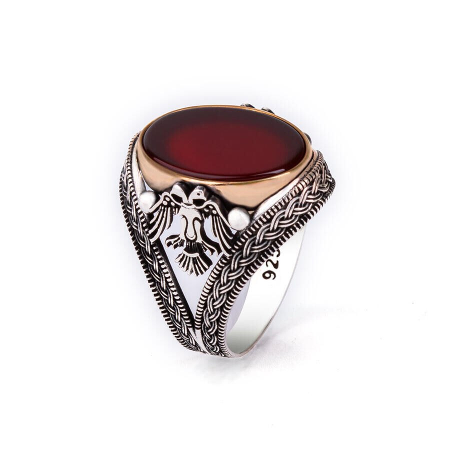 Double Headed Eagle Patterned Blood Red Agate Stone Silver Ring - 1