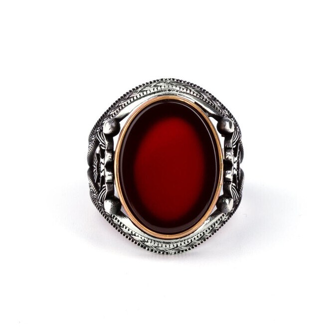 Double Headed Eagle Patterned Blood Red Agate Stone Silver Ring - 2