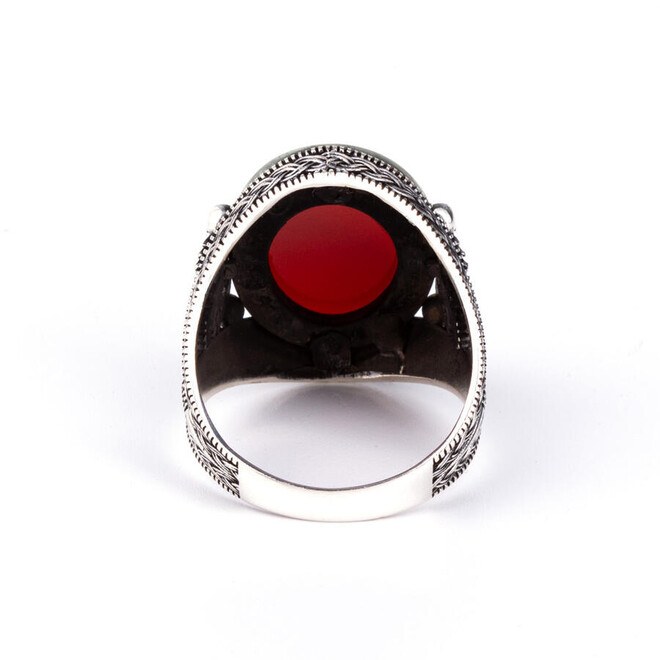 Double Headed Eagle Patterned Blood Red Agate Stone Silver Ring - 3