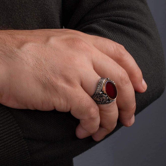 Double Headed Eagle Patterned Blood Red Agate Stone Silver Ring - 4