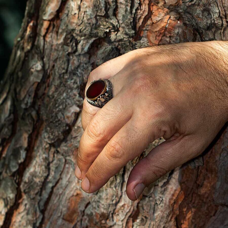 Double Headed Eagle Patterned Blood Red Agate Stone Silver Ring - 5