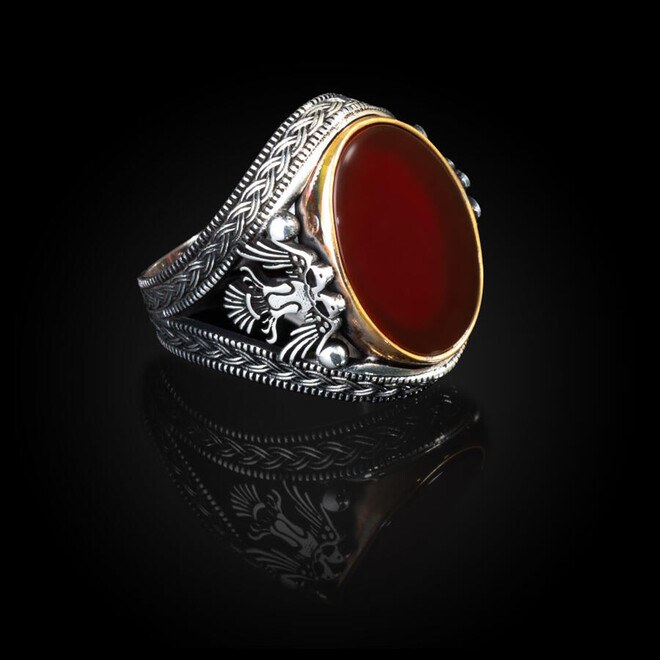 Double Headed Eagle Patterned Blood Red Agate Stone Silver Ring - 6