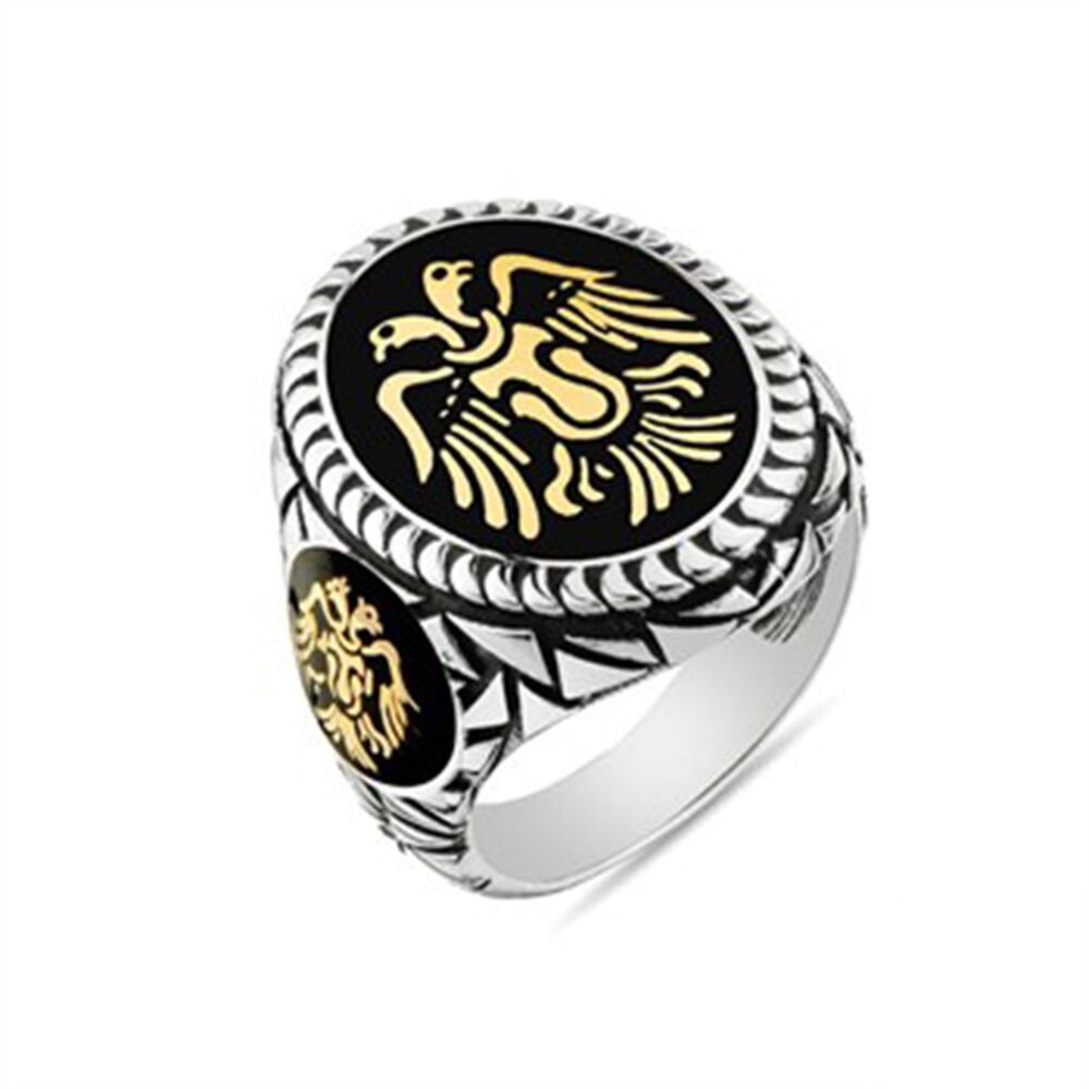 Double Headed Eagle Seljuk State Coat of Arms 925 Sterling Silver Men's Ring - 1