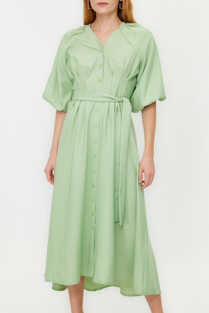 Elegant dress with puff sleeves - light green - 4