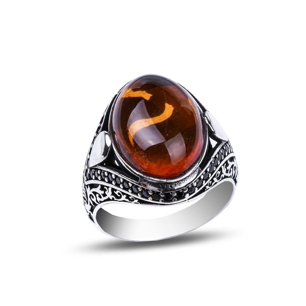 Elegant Engraved Ring with turquoise stone - Silver Ring for Men - 1