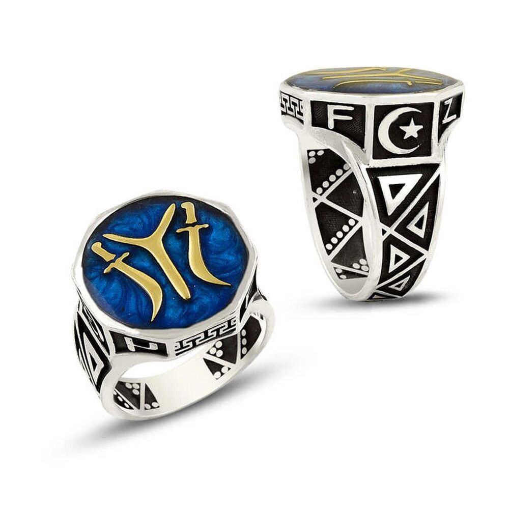 Enameled silver men's ring decorated with a sword symbol and Kai symbol - 1