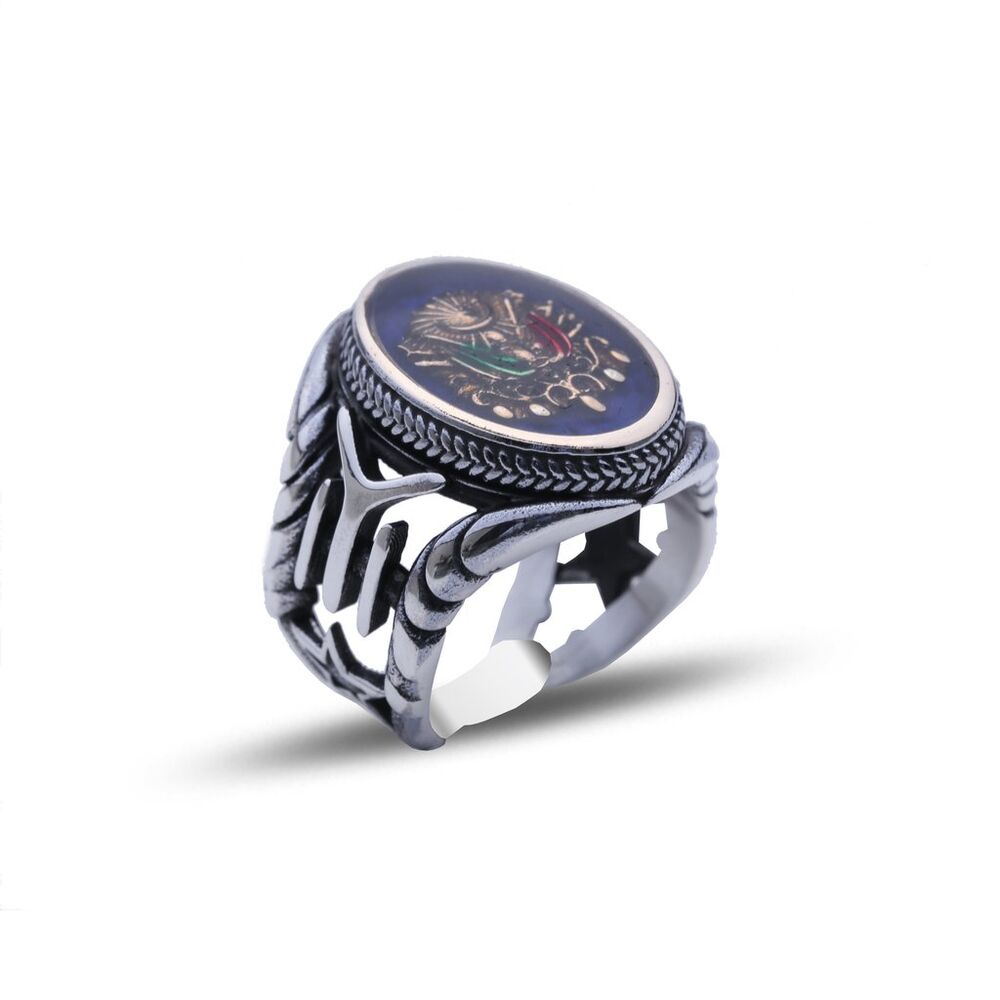 Enameled silver men's ring, Ottoman design with kai symbol - 1