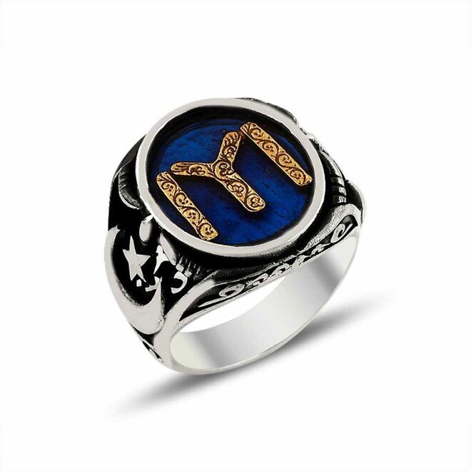 Enameled Silver Men's Ring With The Crescent and Star Symbol . - 1