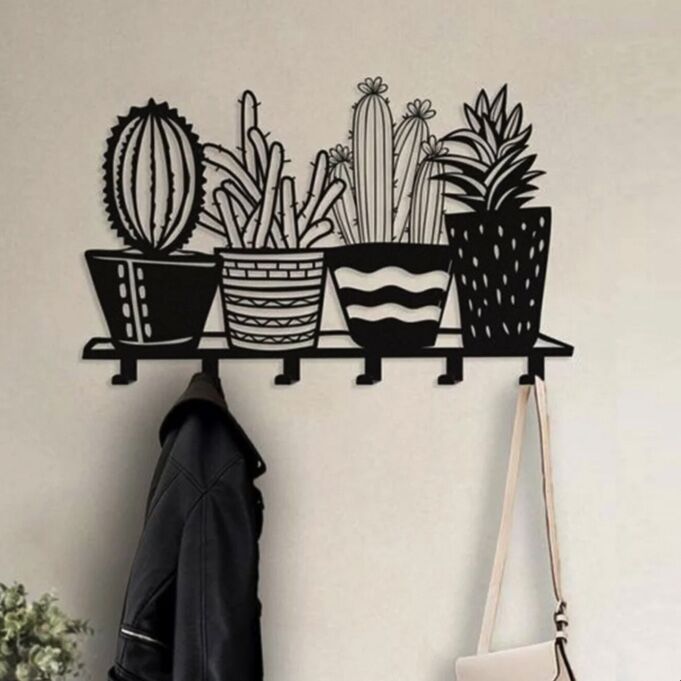 Flower Cactus Flower Pot Motif Metal Wall Hanger - 1