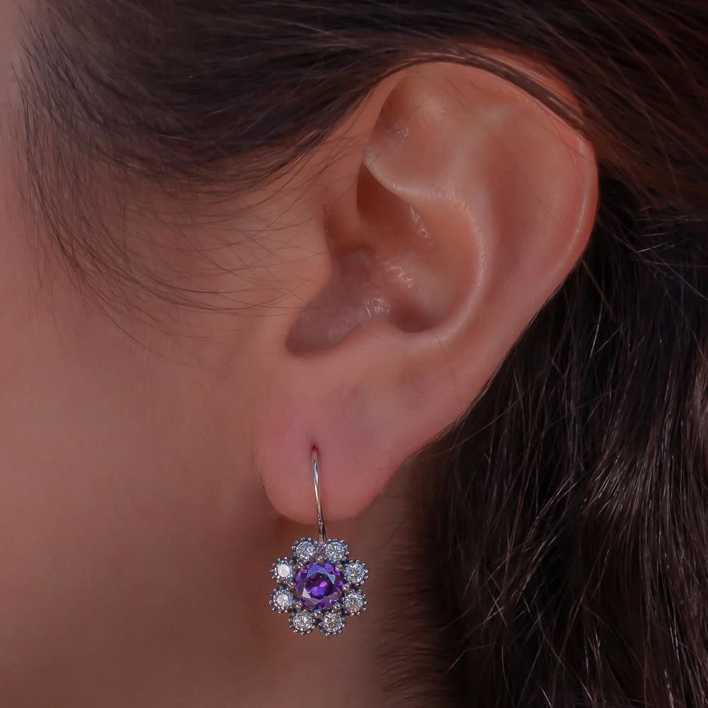 Takıhan Flower Design Purple and White Zircon Stone Stud 925 Sterling Silver Earrings - 1