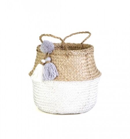 Foldable straw basket with two wool balls in gray and white - 1