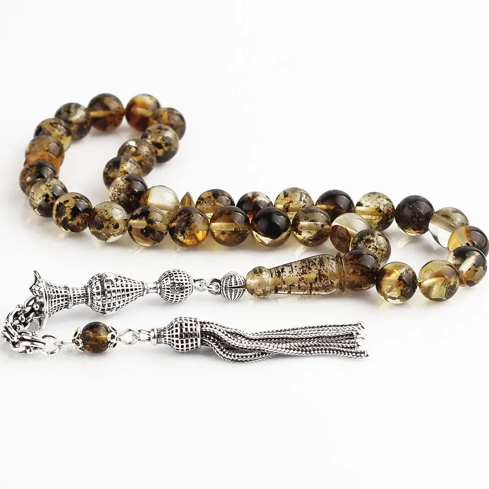 Tesbihevim Fossil Certified Natural Drop Amber Rosary with Silver Tassels - 1