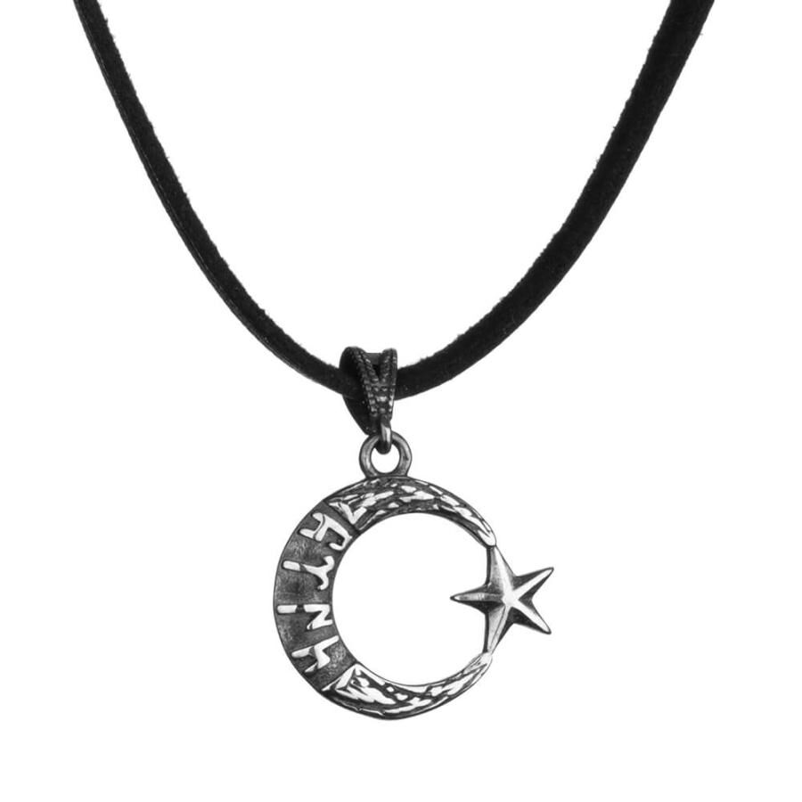 Gokturk Turkish Written Crescent and Star Sterling Silver Men's Necklace - 1