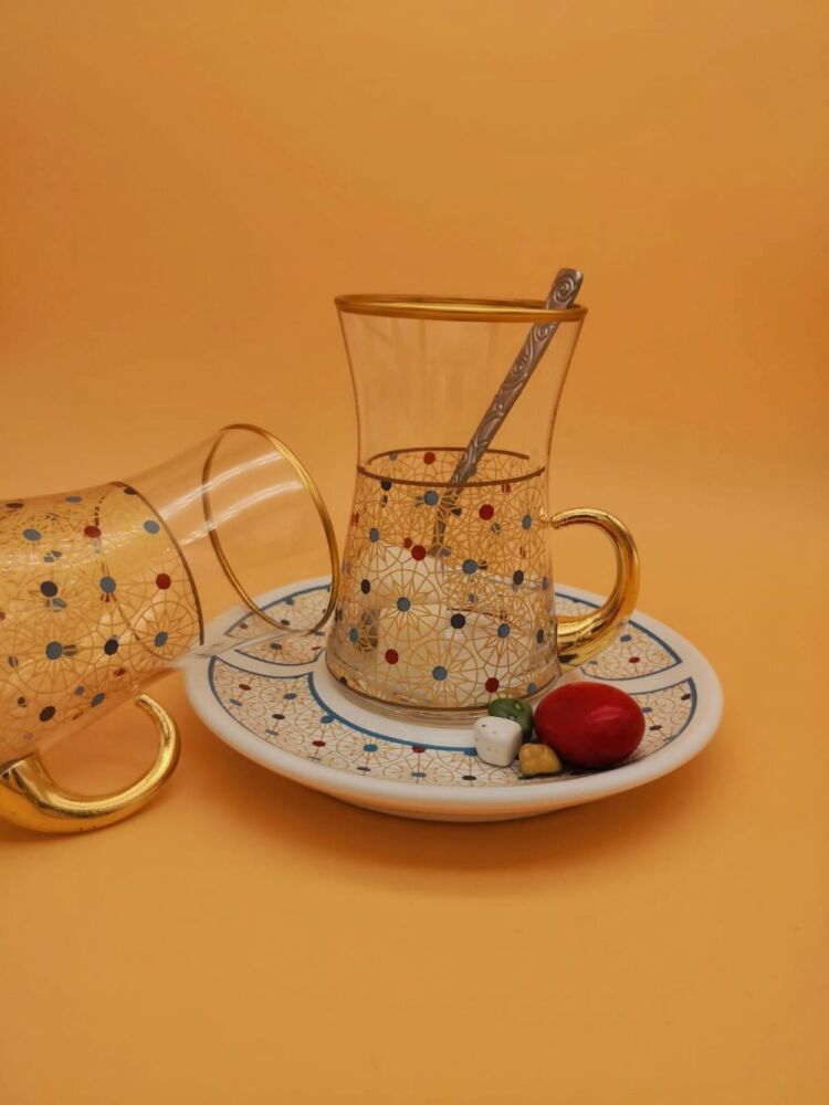 Gold, Red and Blue Design Tea Cup Set 18 Pieces - 1