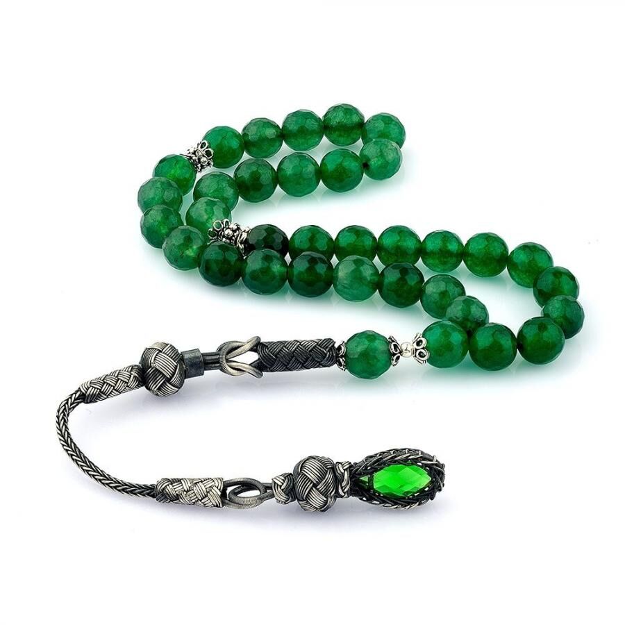 Green Agate Rosary with Double tassel made of silver and glass - 1