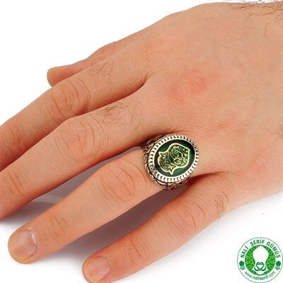 Green Enamel Coated Oval Nali Şerif Men's Sterling Silver Ring - 2